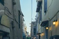 Authentic narrow colorful mediterranean street in the Chania town at the dusk. Island of Crete, Greece Royalty Free Stock Photo