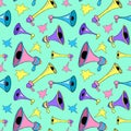 Colorful megaphones and stars seamless pattern. Handdrawn retro megaphones pattern tile.