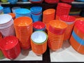 Colorful melamine bowls on supermarket shelves