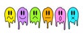 Colorful melt smile faces with different emotions. Cartoon trippy smiley illustrations collection. Design element for