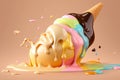 colorful melting ice cream . Melted white sweet liquid splashes