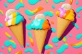 Colorful Melting Ice Cream Cones on Pink Background Royalty Free Stock Photo