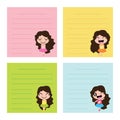 Colorful memo paper with cute girls on colorful background cartoon