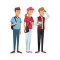 Colorful men students standing and girl in casual clothes with cap and bag side Royalty Free Stock Photo