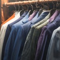 Colorful mens fashion Hanging suits in a store or showroom Royalty Free Stock Photo