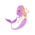 Colorful mermaid character with purple hair and long fish tail. Happy mythical girl swimming underwater. Sea and ocean