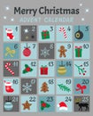 Colorful Mery Chistmas Advent calendar. Cute Christmas, winter and New Year 25 symbols and icons with numbers. Simple flat hand