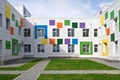 Colorful metallic facade panels on wall