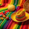 Colorful Mexican blanket, which is adorned with various items. These include sombrero hat, bowl of fruit, and some Royalty Free Stock Photo