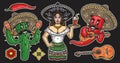 Colorful mexican cartoon characters emblems