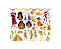 Colorful Mexican culture elements including folk dancers, Day of the Dead symbols, and ancient warriors. Traditional Day Royalty Free Stock Photo