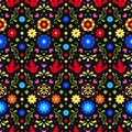 Colorful mexican flowers, leaves and birds on dark background. Traditional seamless pattern for fiesta party. Floral