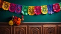 Colorful Mexican Papelpapeles Hanging Over Dark Wooden Wall