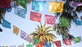 Colorful mexican perforated papel picado banner, festival colourful paper garland. Multi colored hispanic folk carved tissue flags