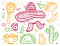 Colorful Mexican sketch engraving style icon set with Chili pepper, sombrero, tacos, nacho, burrito for banners, menu