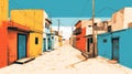 Colorful Mexico Alleyway: Minimal Screenprint Illustration In Cyan And Amber Royalty Free Stock Photo