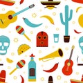 Colorful Mexico seamless pattern with traditional Mexican attributes on white background - tequila, chili pepper