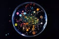 Colorful microbial cultures in a Petri dish linked by geometric lines, highlighting network science in microbiology Royalty Free Stock Photo