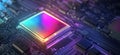 Colorful microchip on circuit board showcasing advanced technology and design, copy space for text Royalty Free Stock Photo