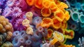 A colorful microscopic image of a coral reef showcasing the symbiotic relationship between certain species of protozoa