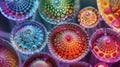 A colorful microscopic image of several diatom shells each displaying a unique and complex geometric pattern resembling