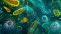 A colorful microscopic image of various types of phytoplankton and zooplankton together showing the symbiotic
