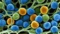 Colorful Microscopic View of Bacteria and Cells in a Network Structure Under High Magnification Royalty Free Stock Photo