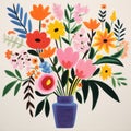 Colorful Mid-century Inspired Flower Painting On Large Canvas