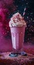 Colorful milkshake with whipped cream and sprinkles on a vibrant background