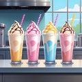 Colorful milkshakes on the counter