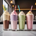 Colorful milkshakes on the counter