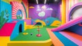A colorful mini-golf course with whimsical obstacles and bright Royalty Free Stock Photo