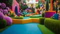 A colorful mini-golf course with whimsical obstacles and bright Royalty Free Stock Photo