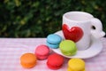 Colorful mini macarons with love mug