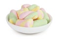 Colorful mini marshmallows in ceramic bowl isolated on white background with full depth of field Royalty Free Stock Photo