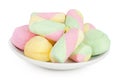 Colorful mini marshmallows in ceramic bowl isolated on white background with full depth of field Royalty Free Stock Photo