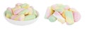 Colorful mini marshmallows in ceramic bowl isolated on white background with full depth of field Royalty Free Stock Photo