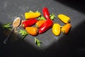 colorful mini peppers on black sunny background. Above view of yellow, red and orange peppers Royalty Free Stock Photo