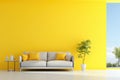 Colorful minimal interior, couch and plant on yellow wall, AI Generated