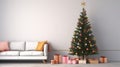 Colorful Minimalism: Christmas Tree And Presents In Minimalist Living Room Royalty Free Stock Photo