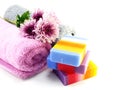 Colorful mix fruit soap with towel and luffa for cleaning Royalty Free Stock Photo