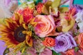 Colorful mixed bouquet with various spring flowers in floral decor, Colorful wedding flowers background . Mixed flower arrangement Royalty Free Stock Photo