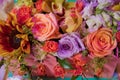 Colorful mixed bouquet with various spring flowers in floral decor, Colorful wedding flowers background . Mixed flower arrangement Royalty Free Stock Photo