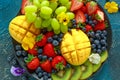Colorful Mixed Fruit platter with Mango, Strawberry, Blueberry, Kiwi and Green Grape. Healthy food Royalty Free Stock Photo