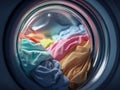 Colorful mixed laundry tumbling inside a washing machine drum during an active wash cycle with vibrant fabric textures visible Royalty Free Stock Photo
