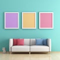 Colorful mockup picture frames on blue concrete wall and white sofa and books in modern living room Royalty Free Stock Photo