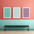 Colorful mockup picture frames on a concrete wall and a long black leather table in a modern living room. Royalty Free Stock Photo