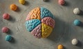 A colorful model of a brain is displayed on a table, surrounded by a variety of colored balls. Royalty Free Stock Photo