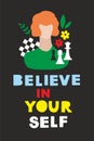 Colorful modern card or poster with woman portrait, chess and positive message.