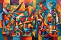 colorful cubist style abstract painting with complex geometric shapes